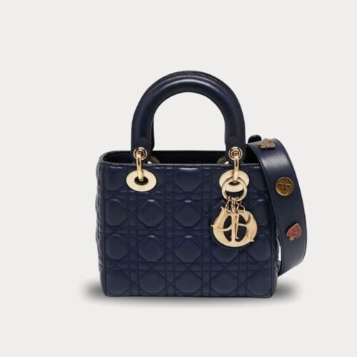 small lady dior bag in navy blue with gold hardware