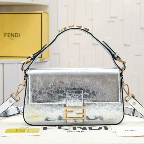 fendi baguette bag – silver metallic with elegant shoulder strap