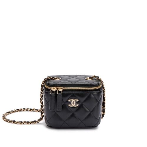 chanel black quilted lambskin mini vanity with chain – gold hardware (202)