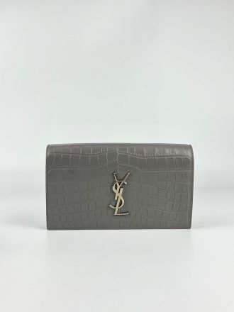 Saint Laurent Croc-Effect Leather Wallet – Grey