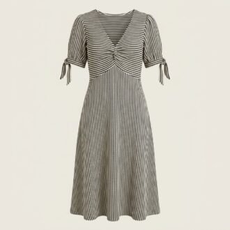 Striped Midi Dress with V-Neck and Tie Sleeve Details