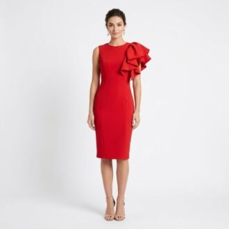 Red Ruffle Dress with Asymmetric Shoulder Detail, Size L