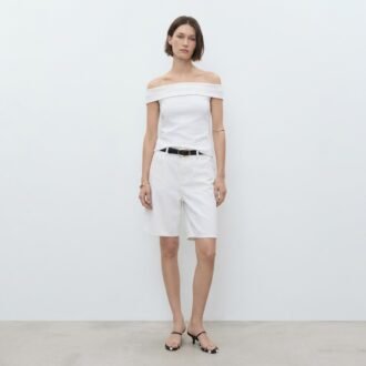 Off Shoulder Top in White with Foldover Neckline, Size M