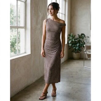Striped Midi Dress with Asymmetric Neckline, Size L