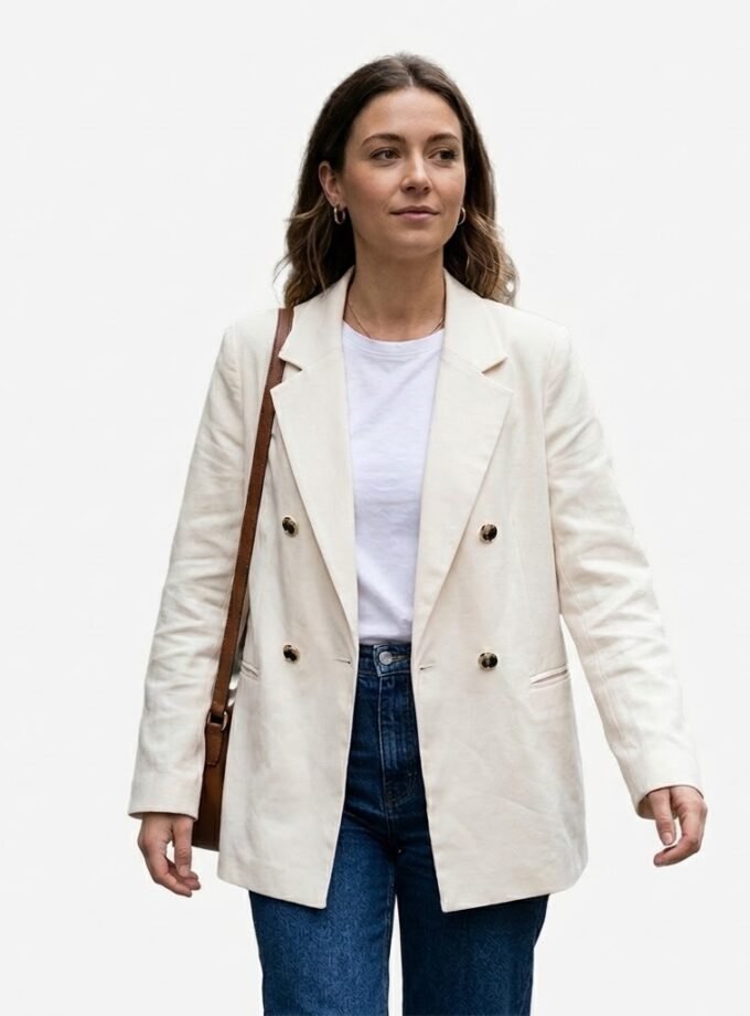 Cream Double Breasted Blazer for Women, Size XL