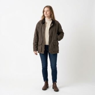 Olive Field Jacket with Dark Textured Collar, Size M
